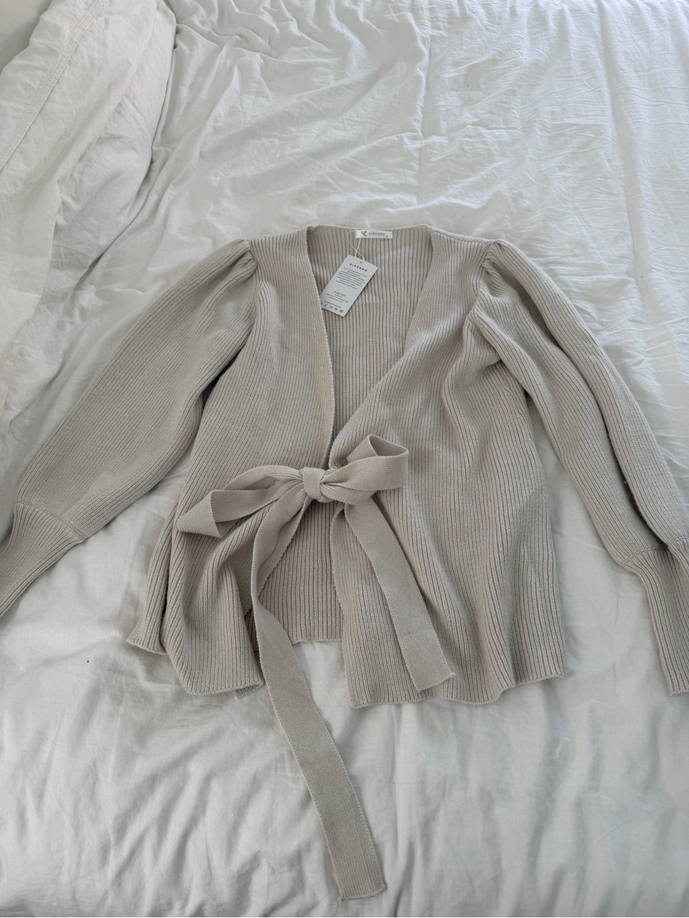 Tie-Waist Ribbed Cardigan Sweater in Light Beige